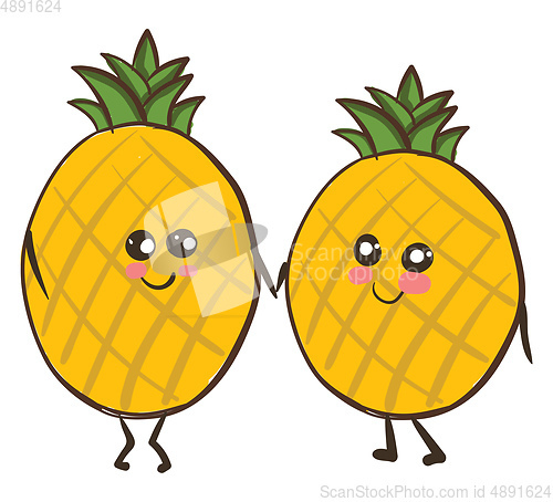 Image of Two love pineapples holding hands, vector or color illustration.