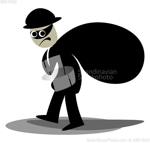 Image of Clipart of a thief carrying a black sack of stolen items and sne