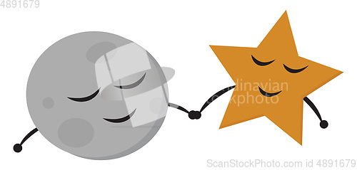 Image of Moon and star holding hands, vector or color illustration.