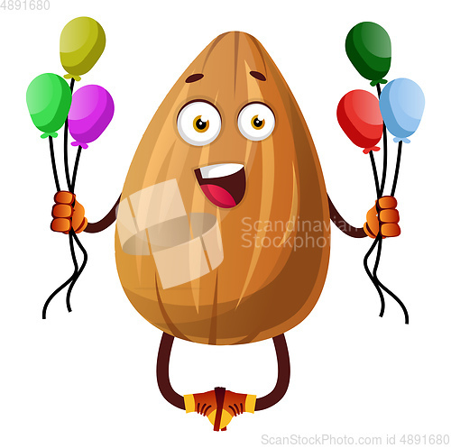 Image of Almond holding colorful balloons, illustration, vector on white 