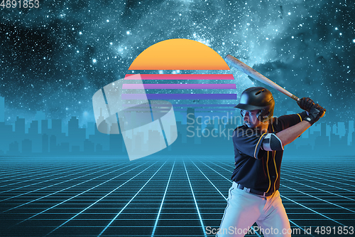 Image of Synth wave and retro wave, vaporwave futuristic aesthetics. Sportsman in glowing neon style.