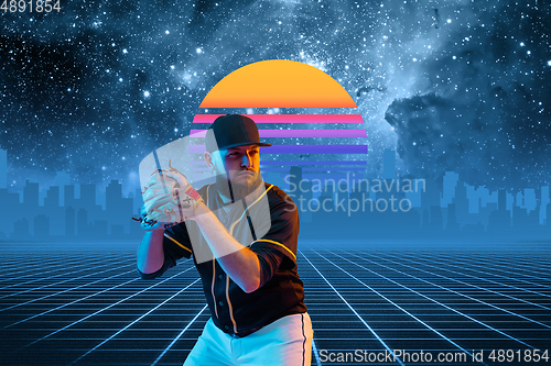 Image of Synth wave and retro wave, vaporwave futuristic aesthetics. Sportsman in glowing neon style.