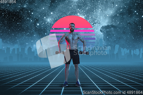 Image of Synth wave and retro wave, vaporwave futuristic aesthetics. Sportsman in glowing neon style.