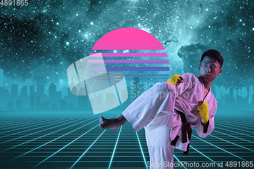 Image of Synth wave and retro wave, vaporwave futuristic aesthetics. Sportsman in glowing neon style.