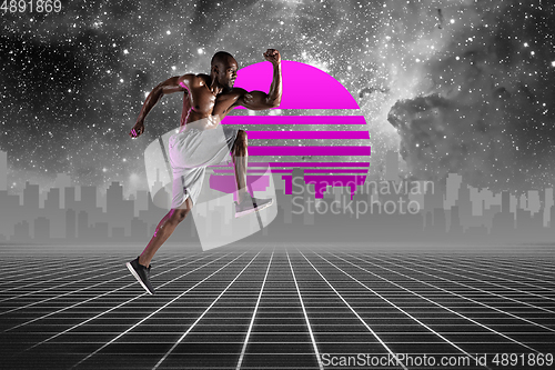 Image of Synth wave and retro wave, vaporwave futuristic aesthetics. Sportsman in glowing neon style.