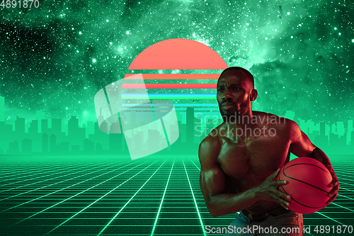 Image of Synth wave and retro wave, vaporwave futuristic aesthetics. Sportsman in glowing neon style.