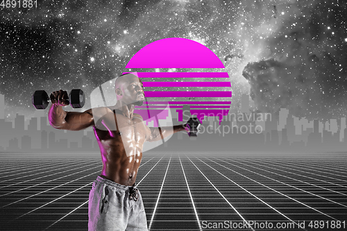 Image of Synth wave and retro wave, vaporwave futuristic aesthetics. Sportsman in glowing neon style.