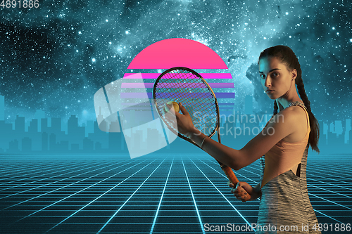 Image of Synth wave and retro wave, vaporwave futuristic aesthetics. Sportsman in glowing neon style.