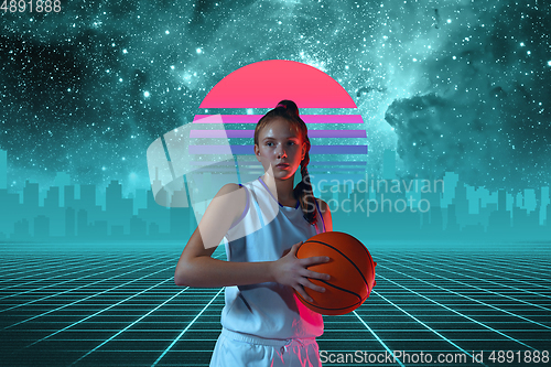 Image of Synth wave and retro wave, vaporwave futuristic aesthetics. Sportsman in glowing neon style.