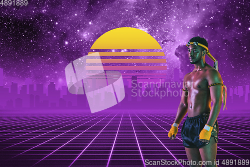 Image of Synth wave and retro wave, vaporwave futuristic aesthetics. Sportsman in glowing neon style.