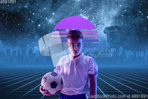 Image of Synth wave and retro wave, vaporwave futuristic aesthetics. Sportsman in glowing neon style.