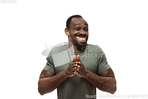 Image of Smiling man with surreal huge smile and big mouth looks shocked, attracted, wondered and astonished. Copyspace for ad.