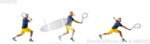 Image of Young caucasian professional sportsman playing tennis on white background, collage, motion of ball\'s hit in dymanic