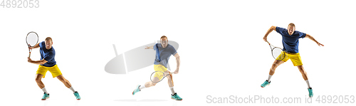 Image of Young caucasian professional sportsman playing tennis on white background, collage, motion of ball\'s hit in dymanic