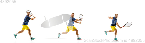 Image of Young caucasian professional sportsman playing tennis on white background, collage, motion of ball\'s hit in dymanic