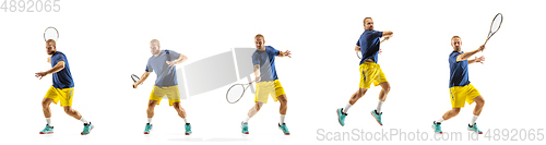 Image of Young caucasian professional sportsman playing tennis on white background, collage, motion of ball\'s hit in dymanic