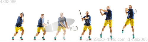 Image of Young caucasian professional sportsman playing tennis on white background, collage, motion of ball\'s hit in dymanic