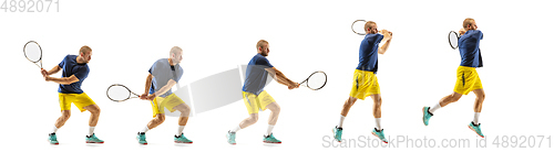 Image of Young caucasian professional sportsman playing tennis on white background, collage, motion of ball\'s hit in dymanic