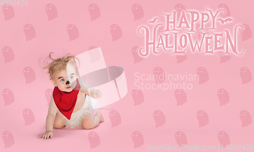 Image of Little girl as vampire on white background, halloween time, flyer with copyspace
