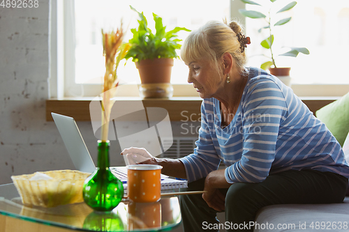 Image of Senior woman studying at home, getting online courses