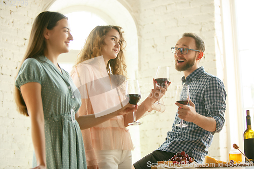 Image of People clinking glasses with wine or champagne. Happy cheerful friends celebrate holidays, meeting. Close up shot of smiling friends, lifestyle