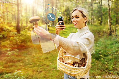 Image of woman using smartphone to identify mushroom