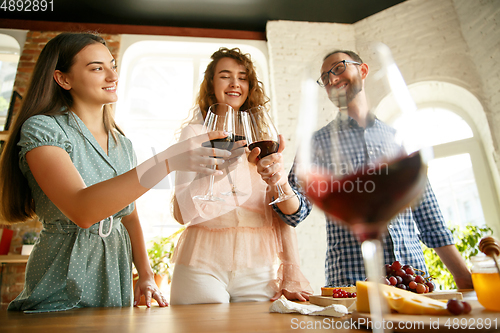 Image of People clinking glasses with wine or champagne. Happy cheerful friends celebrate holidays, meeting. Close up shot of smiling friends, lifestyle