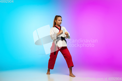 Image of Karate, taekwondo girl with black belt isolated on gradient background in neon light