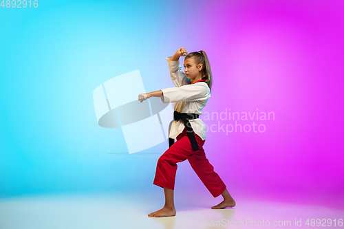 Image of Karate, taekwondo girl with black belt isolated on gradient background in neon light