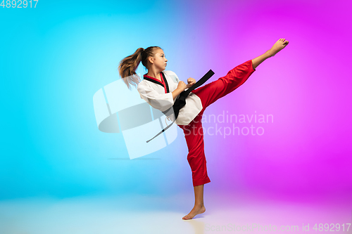 Image of Karate, taekwondo girl with black belt isolated on gradient background in neon light