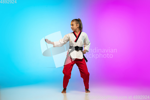 Image of Karate, taekwondo girl with black belt isolated on gradient background in neon light