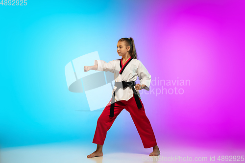 Image of Karate, taekwondo girl with black belt isolated on gradient background in neon light