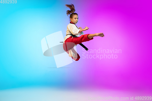 Image of Karate, taekwondo girl with black belt isolated on gradient background in neon light