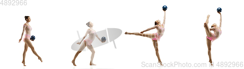 Image of Little flexible girl isolated on white studio background. Little female rhythmic gymnastics artist in bright leotard