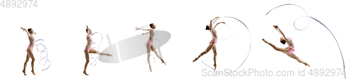 Image of Little flexible girl isolated on white studio background. Little female rhythmic gymnastics artist in bright leotard
