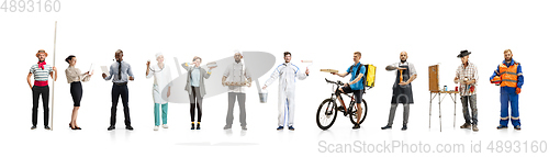 Image of Group of people with different professions isolated on white studio background, horizontal