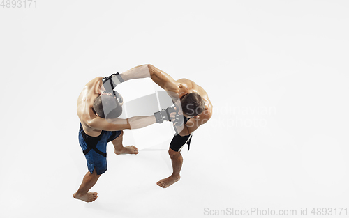 Image of Two professional MMA fighters boxing isolated on white studio background, dynamic and motion. Top view