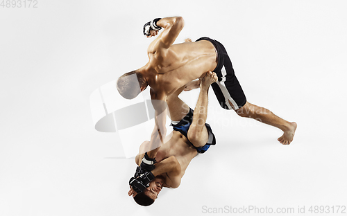 Image of Two professional MMA fighters boxing isolated on white studio background, dynamic and motion. Top view