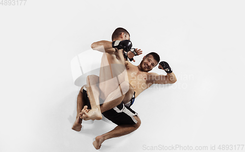 Image of Two professional MMA fighters boxing isolated on white studio background, dynamic and motion. Top view