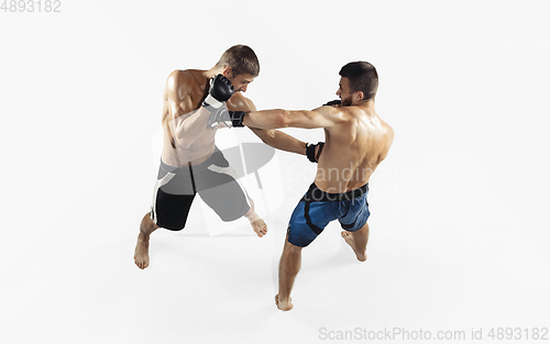 Image of Two professional MMA fighters boxing isolated on white studio background, dynamic and motion. Top view