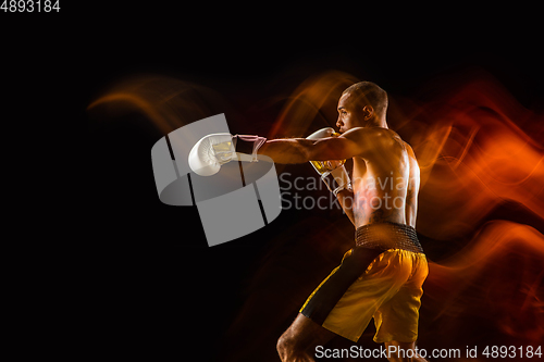 Image of Professional boxer training isolated on black studio background in mixed light