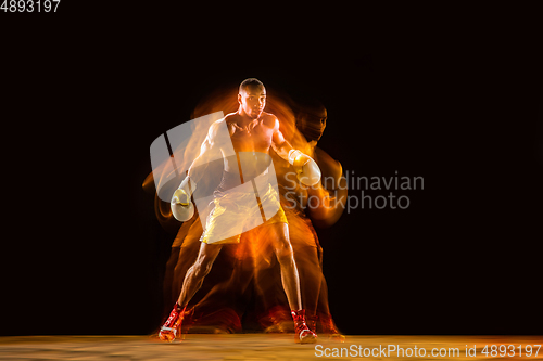 Image of Professional boxer training isolated on black studio background in mixed light