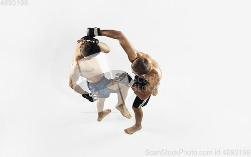 Image of Two professional MMA fighters boxing isolated on white studio background, dynamic and motion. Top view