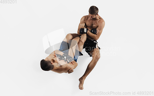 Image of Two professional MMA fighters boxing isolated on white studio background, dynamic and motion. Top view