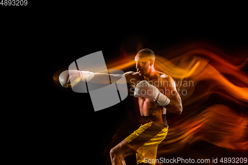 Image of Professional boxer training isolated on black studio background in mixed light