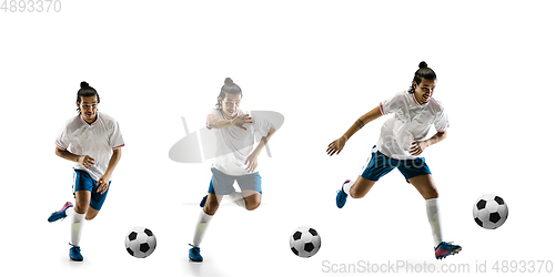 Image of Confident football player in motion and action isolated on white background, kicking ball in dynamic