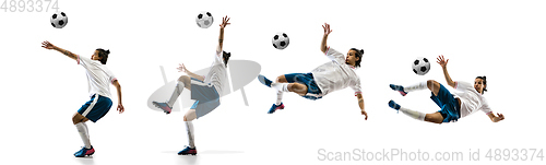 Image of Confident football player in motion and action isolated on white background, kicking ball in dynamic