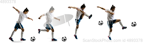 Image of Confident football player in motion and action isolated on white background, kicking ball in dynamic