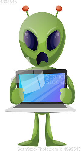 Image of Alien with laptop, illustration, vector on white background.