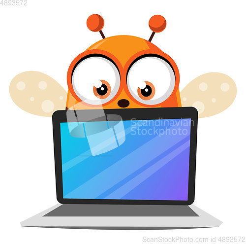 Image of Bee holding a laptop, illustration, vector on white background.